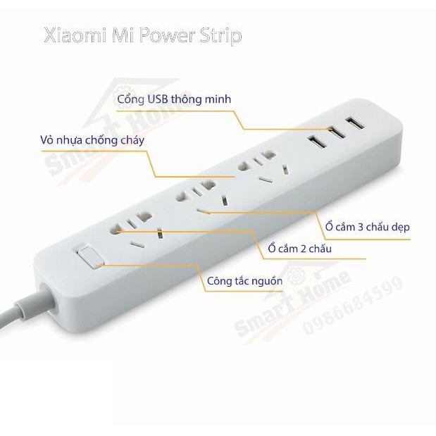 Ổ Cắm Điện Đa Năng Xiaomi , Ổ Cắm Điện Xiaomi Mi Power Strip Thông Minh Tích Hợp 3 Khe Cắm USB 2A AI Tự Điều Áp Ra