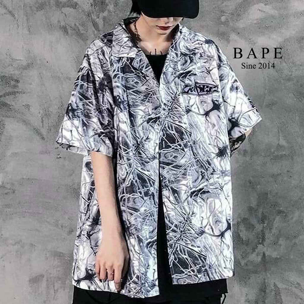 Áo sơ mi nam Bape form rộng tay cộc tay loang mạch máu chất thô lụa (đen, trắng)