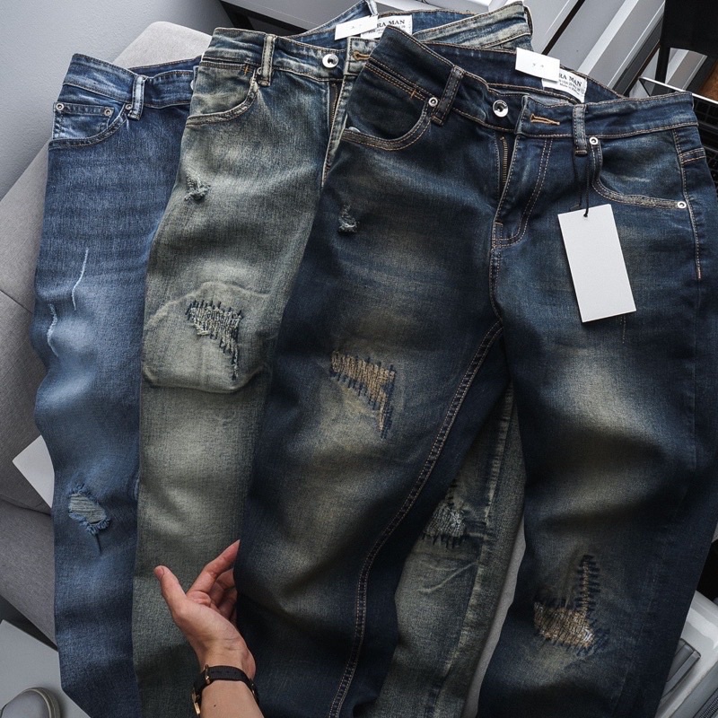 Quần jean nam xanh rêu rách wax jean co giản hàng vnxk cao cấp