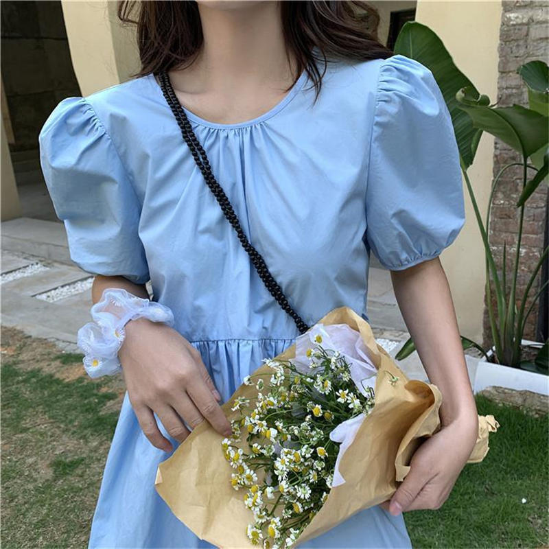 Đầm Nữ Ngắn Tay Cổ Tròn Eo Thắt Thời Trang Hàn