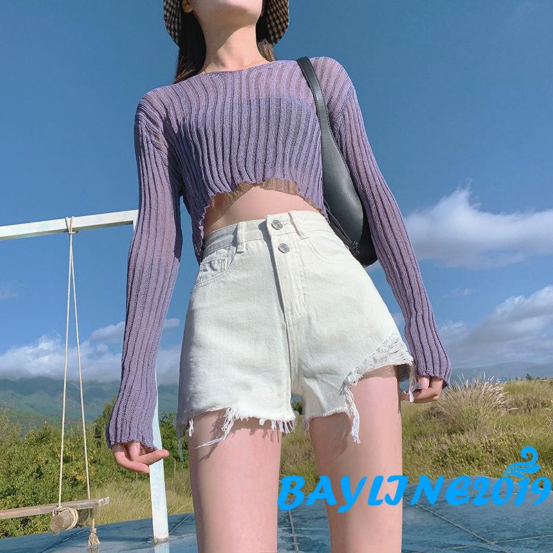 Quần short jean rách lưng cao thời trang cho nữ