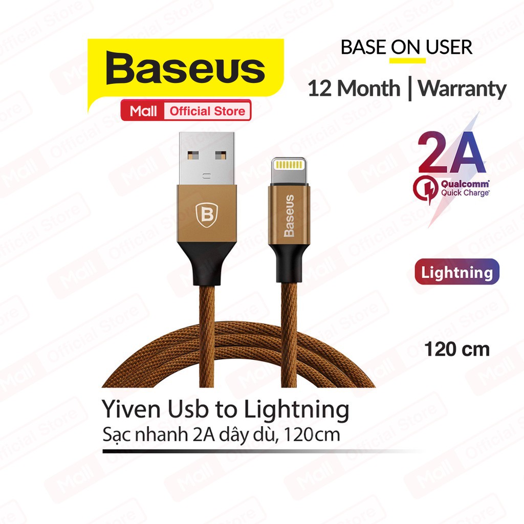 Cáp sạc Baseus Yiven USB to Lightning, vỏ cáp bọc dù chống gẫy gập dài 120cm, sạc nhanh 2A siêu bền