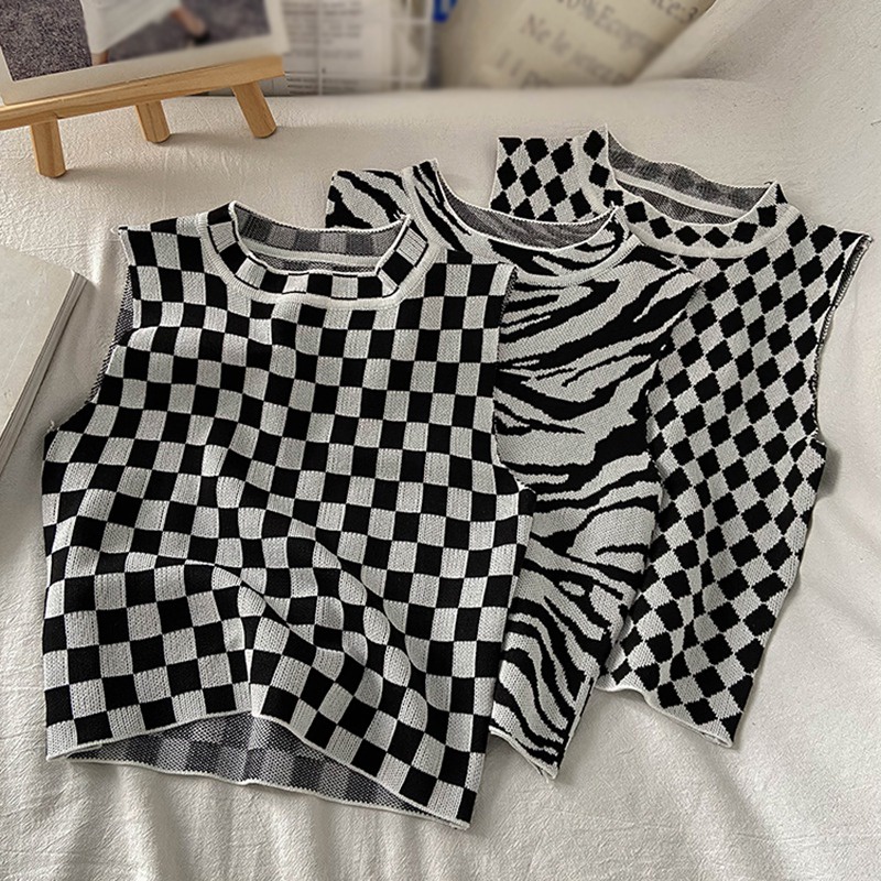 Áo croptop không tay cổ tròn họa tiết sọc caro / ngựa vằn thời trang quyến rũ