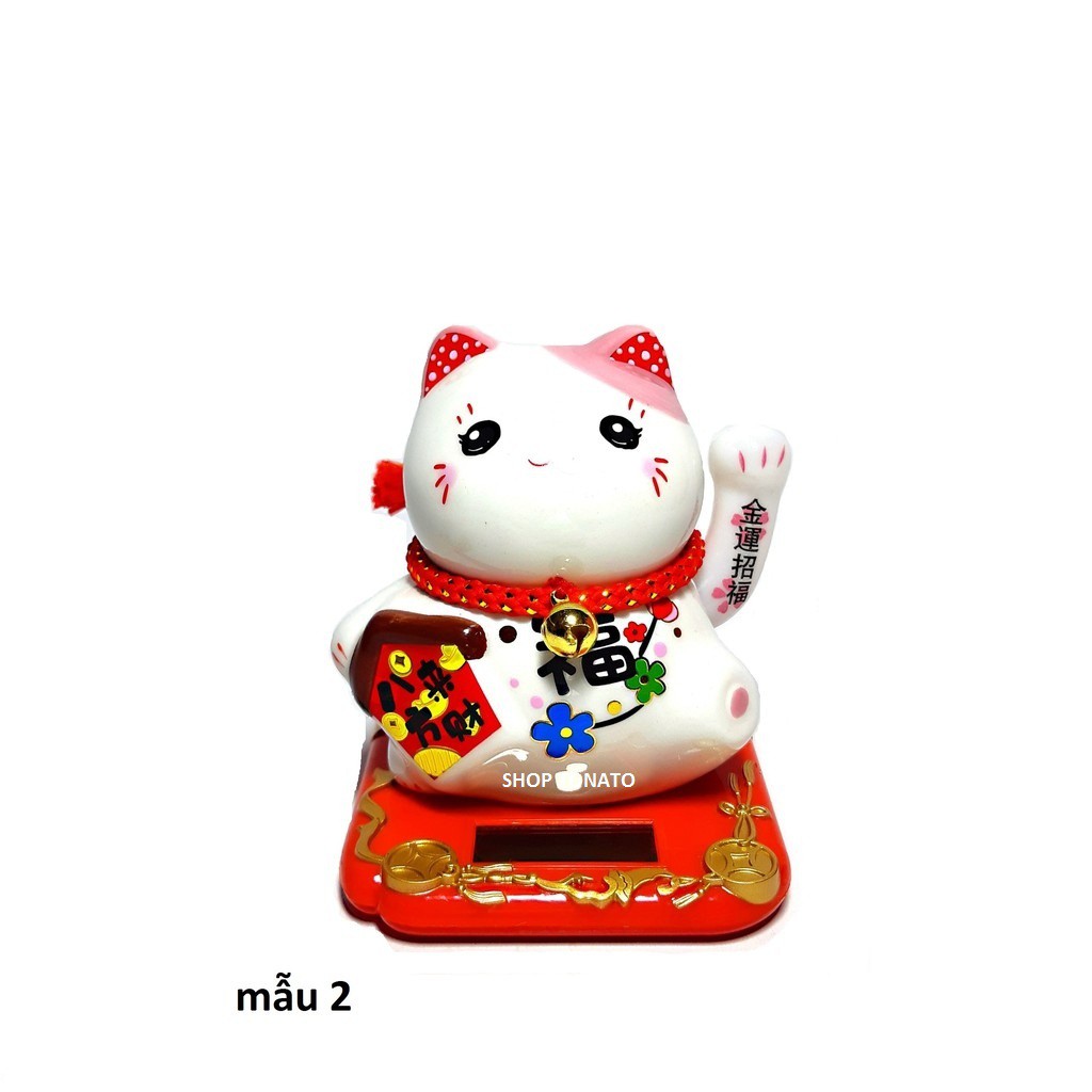 (MUA NHIỀU GIẢM GIÁ)MÈO THẦN TÀI, MÈO MAY MẮN MANEKI NEKO HF19014 NĂNG LƯỢNG MẶT TRỜI VẪY TAY CAO 10CM