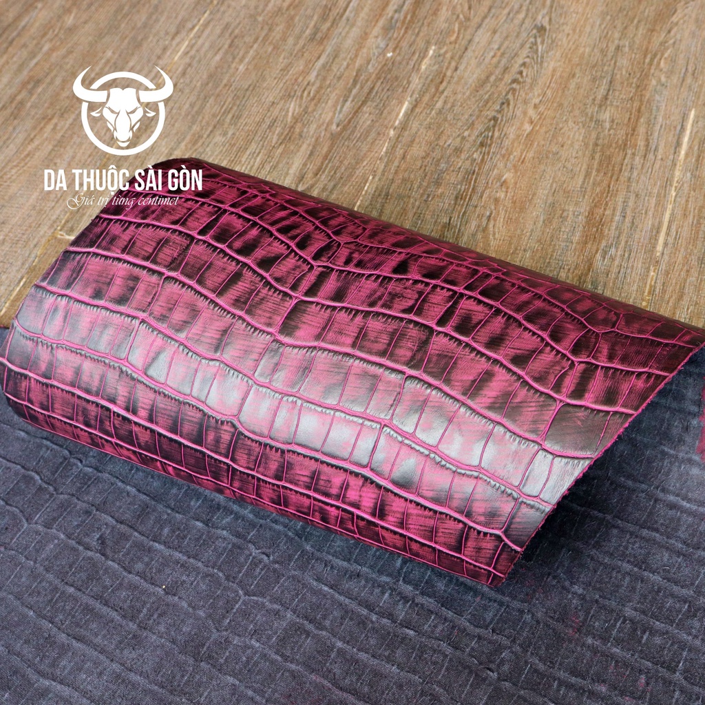 10 Pia da bò dập vân cá sấu wax phấn cao cấp màu hồng thương hiệu Da Thuộc Sài Gòn - Da bò nhập khẩu
