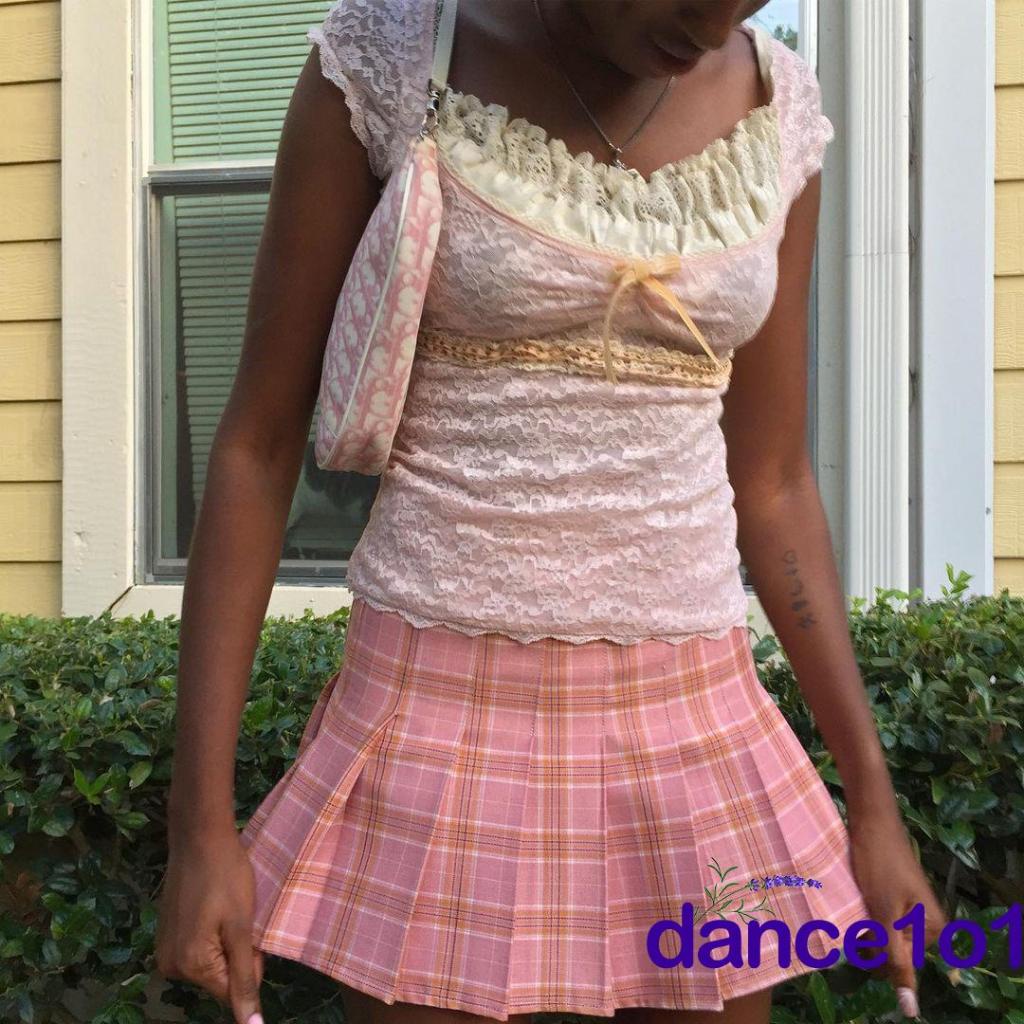 Áo cổ chữ U tay ngắn phối ren màu sắc tương phản thời trang mùa hè cho nữ