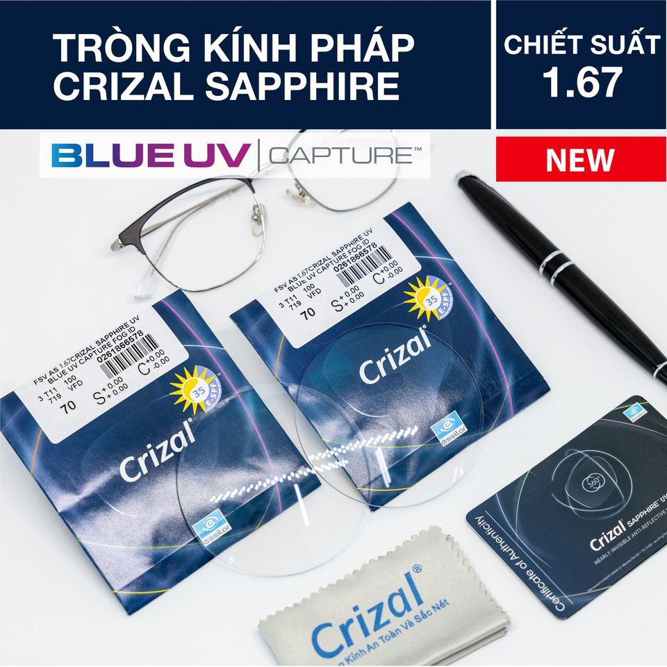 Tròng kính ESSILOR 1.59 và 1.67 CRIZAL SAPPHIRE UV chính hãng Pháp