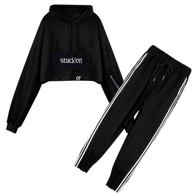 Set bộ nữ thu đông áo dài tay croptop có mũ quần dài may gấu xếp phông cách hiphop năng động