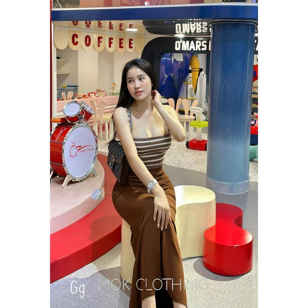 set áo 2 dây sọc, chân váy dài đuôi cá trơn, chất gân