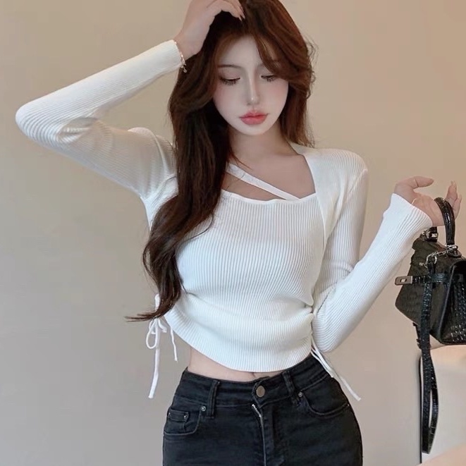 Áo Croptop Nữ Kiểu Rút Dây Eo Phối Chéo Cổ Tay Dài