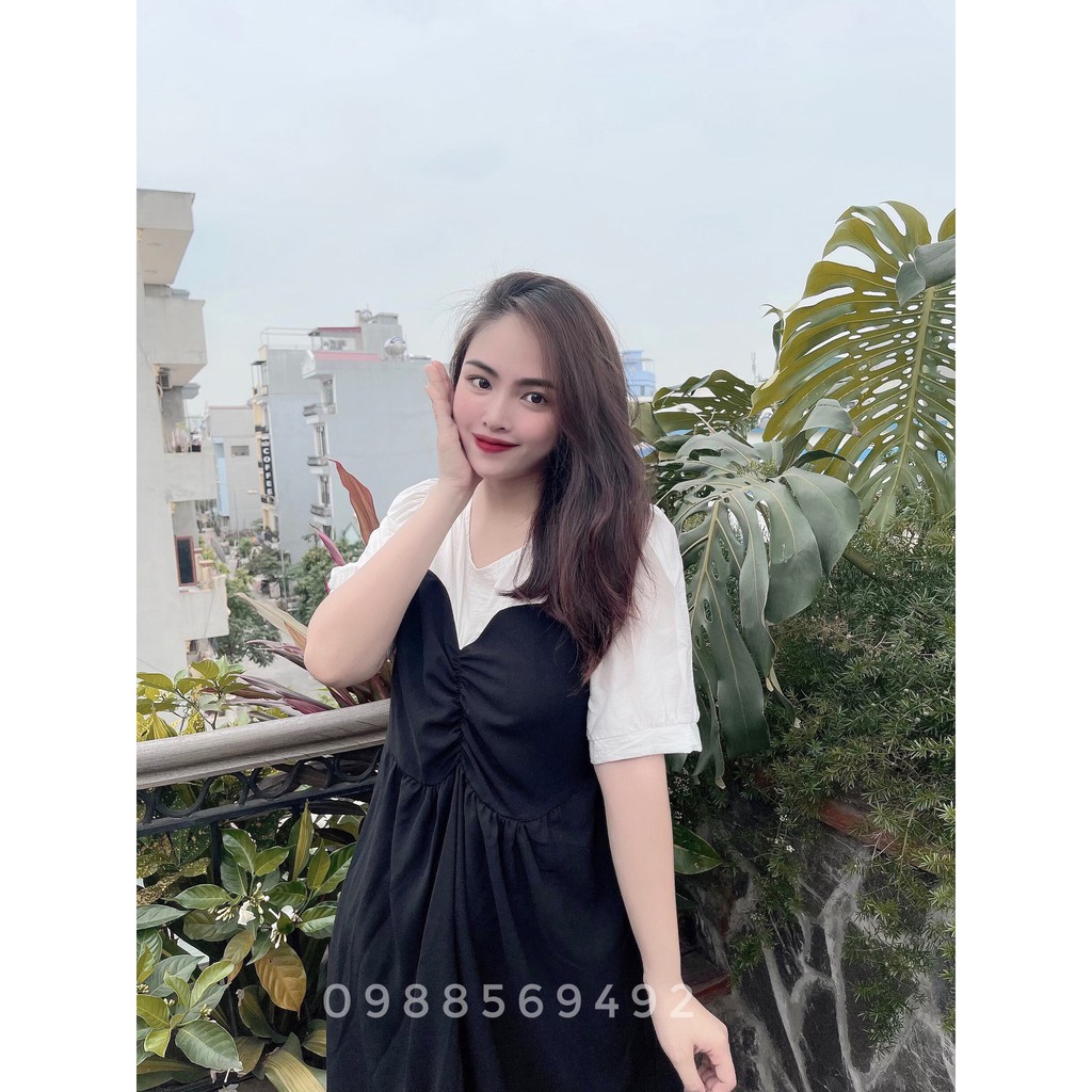 Váy bầu bigsize - Đầm bầu thiết kế GuMe màu Đen BabyDoll Cup Ngực Phối Trắng chất vải sạn lụa size từ 40-100kg MB253