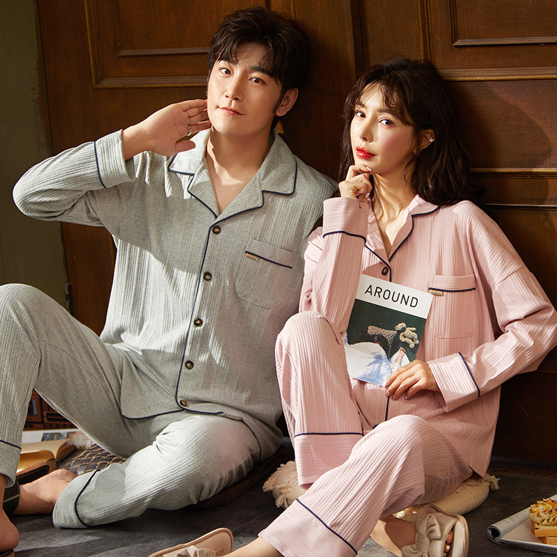 Bộ đồ ngủ tay dài thời trang thu đông vải cotton lụa cao cấp phong cách Hàn Quốc dành cho các cặp đôi