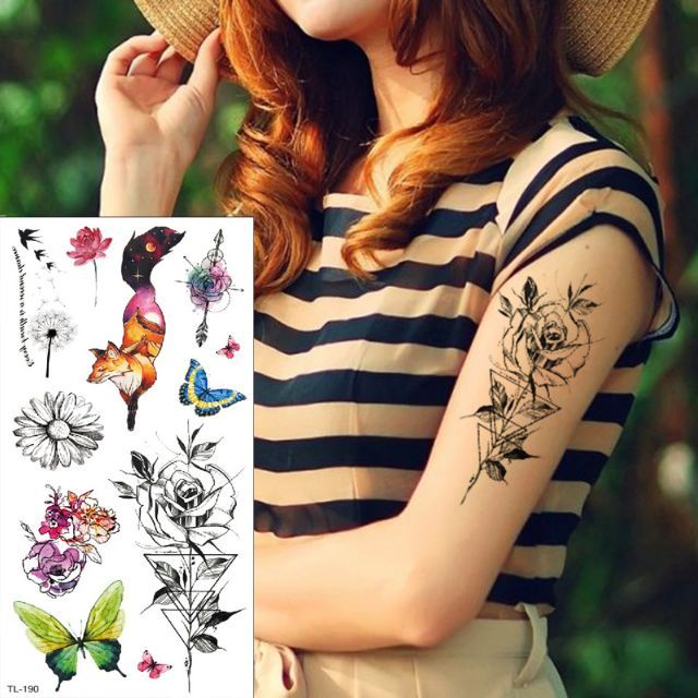 Hình xăm tatoo nhiều mẫu hoa bướm, hồ ly, mũi tên, bồ công anh size vừa tl190