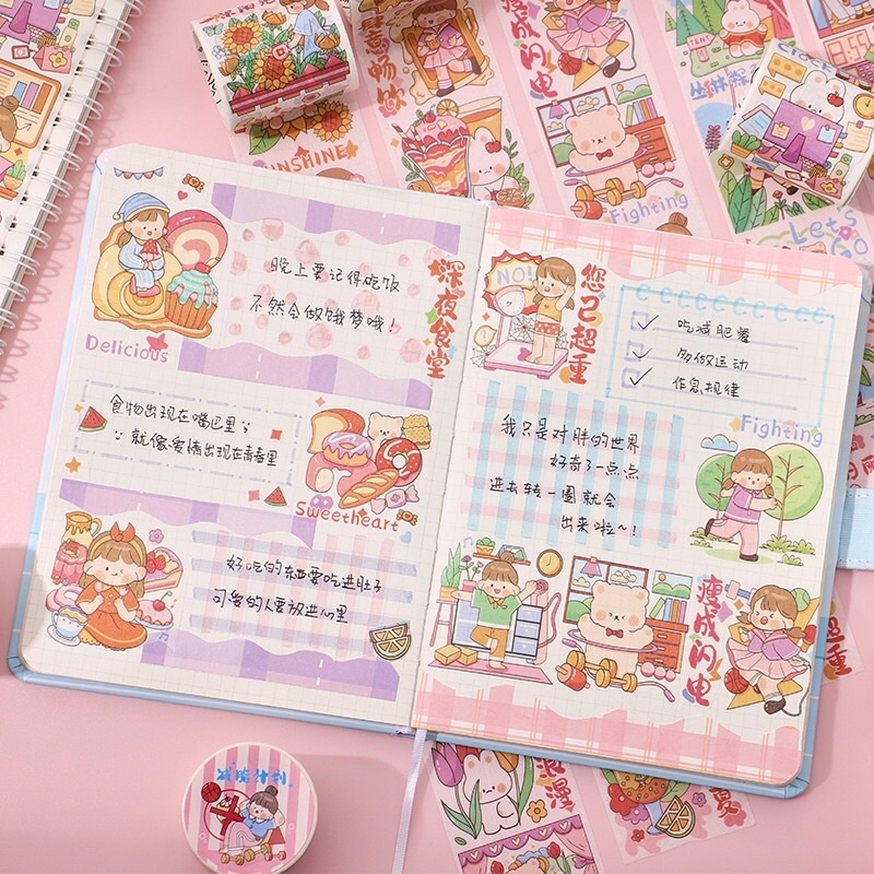 Cuộn 3m washitape sticker hình ảnh cô gái hằng ngày và đồ ăn thức uống dùng trang trí DIY, Scrapbook