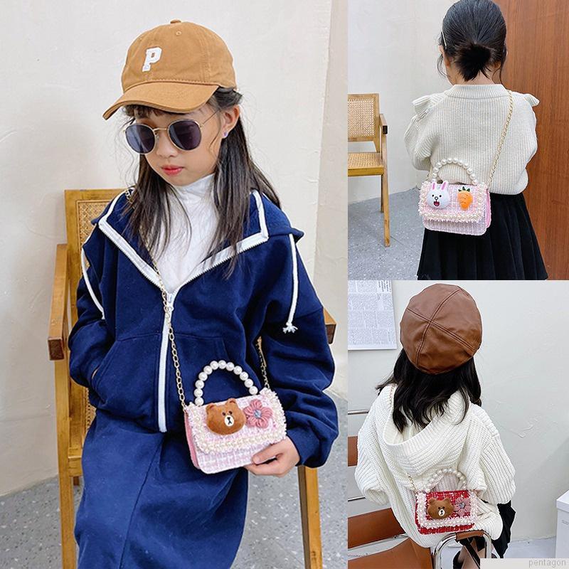 Túi đeo chéo mini đính hoa ngọc trai dễ thương cho bé gái