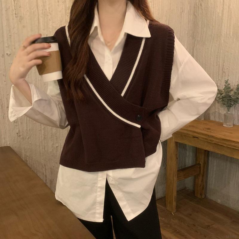 Áo sát nách dệt kim cổ chữ V màu sắc kết hợp phong cách retro trẻ trung thời trang dành cho nữ