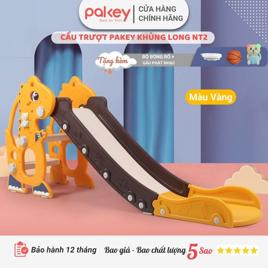 Cầu trượt cho bé Pakey Khủng Long NT2 TẶNG KÈM BÓNG RỔ mẫu mới thành cao đế tiếp đất an toàn cho bé