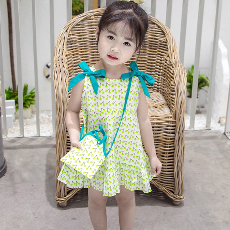 Đầm Công Chúa Hai Dây Đính Nơ In Hoa Se7en Cho Bé Gái