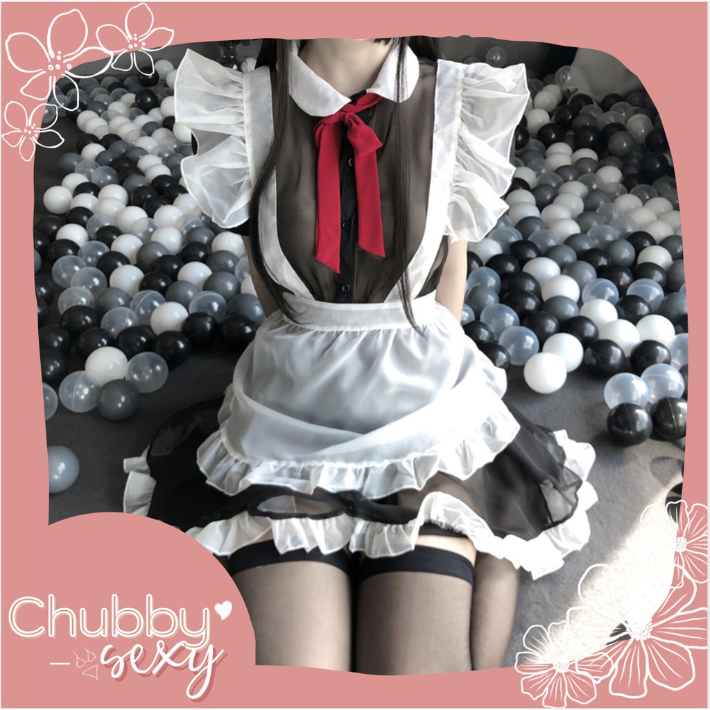 Cosplay Sexy Hầu Gái - Siêu phẩm set đồ cô hầu gái ren đen yếm trắng nơ đỏ - CPL16 - Chubby.sexy