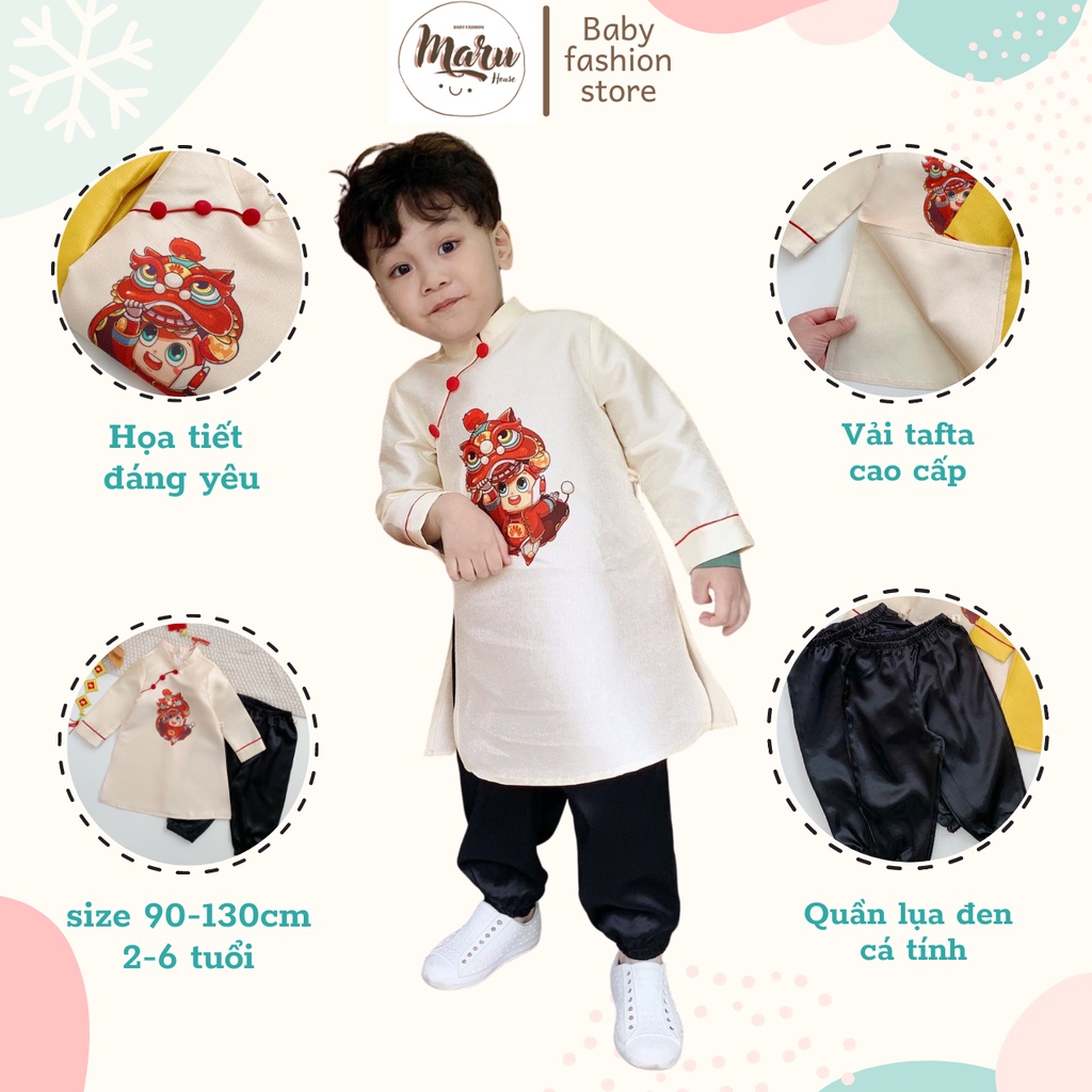 Bộ Áo Dài Cách Tân Cho Bé Trai Hình Lân Nổi Bật MARUHOUSE , Set Áo Dài Cao Cấp Vải Tafta Kèm Quần Lụa Đen Cá Tính
