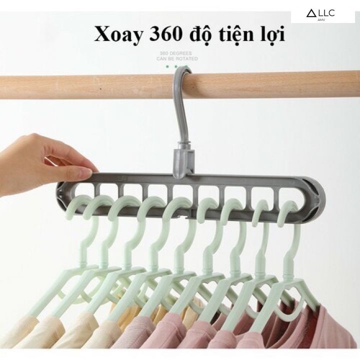 Móc treo đồ quần áo 9 lỗ thông minh xoay 360 độ siêu tiết kiệm không gian, Thanh treo nhiều áo