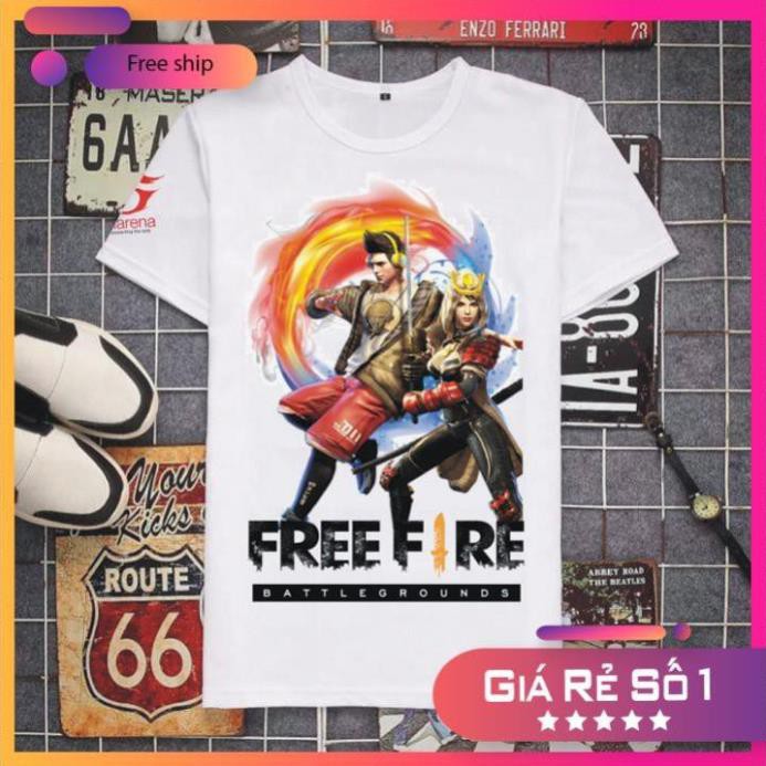 SALE- Áo thun Free Fire - Nữ cầm kiếm + nam đeo tai nghe giá tốt nhất