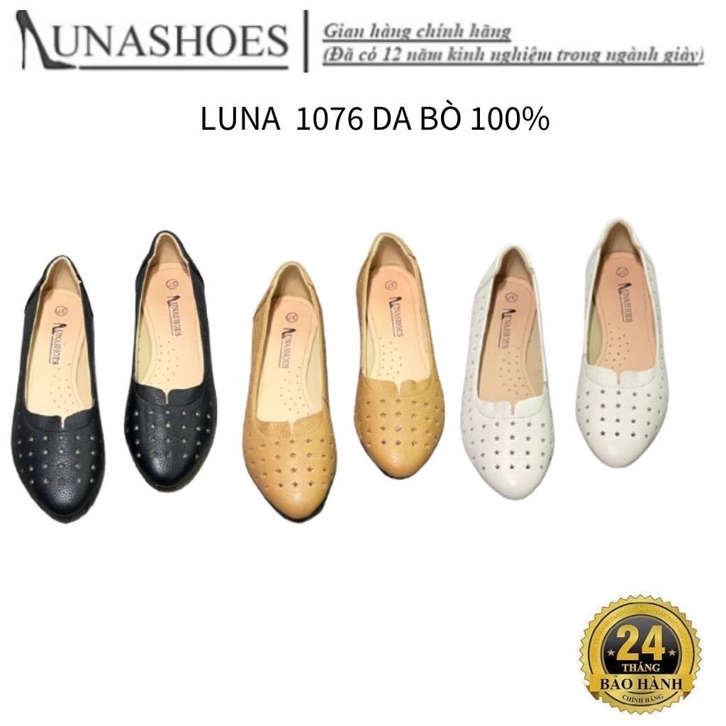 Giày bệt nữ mũi tròn da bò Lunashoes 1076 giầy đế bằng màu đen nâu trắng bảo hành 24 tháng Giày búp bê trung niên