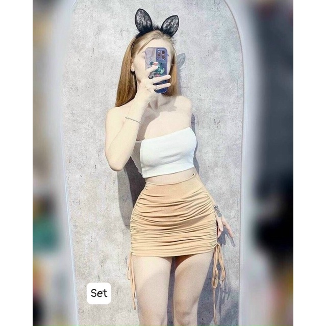 SET ÁO ỐNG CO GIÃN VÀ VÁY ÚT DÂY HAI BÊN xinh xắn teen nữ trẻ trung họa tiết độc đáo phong cách sexy thích hợp đi ch