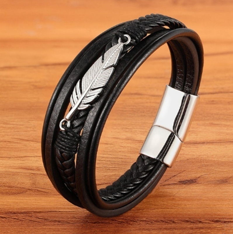 Vòng đeo tay da nhiều lớp phối mặt hình lông vũ thời trang dành cho nam