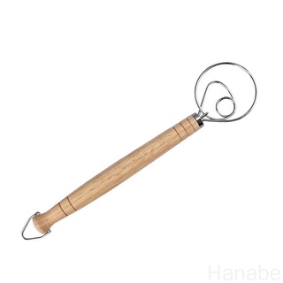HB-Dough Whisk Wood Handle Stainless Steel Dough Beater Kitchen Baking Mixer Blender, Single Hole