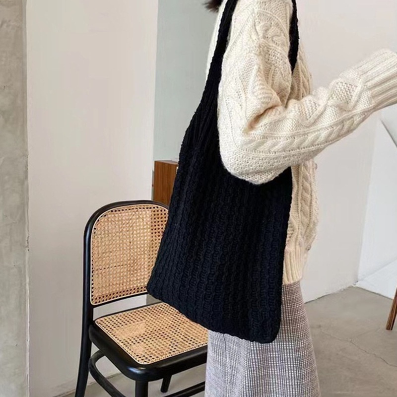 Túi Xách Đan Len Màu Trơn Cỡ Lớn Phong Cách Vintage Cho Nữ