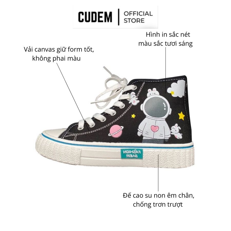 Giày thể thao nữ cổ cao in hình phi hành gia, giày thể thao bata học sinh vải Canvas S18