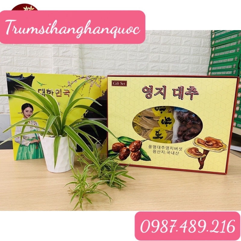 Hộp quà tặng nấm linh chi táo đỏ Hàn Quốc ( 1 kg táo + 0.5 kg nấm linh chi) tặng hộp trà sâm Buleebang Hàn Quốc