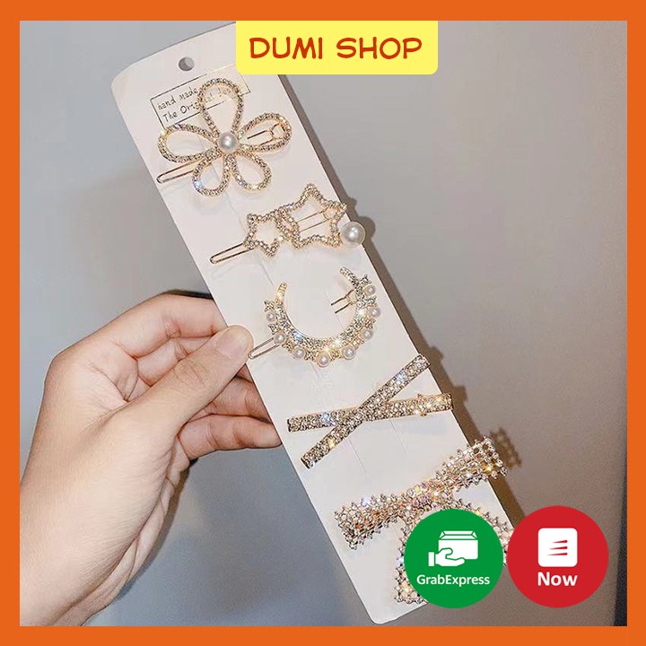 GG Set 5 Kẹp Tóc Hoa Và Nơ Đính Đá Phong Cách Hàn Quốc Siêu Xinh – Dumi Shop