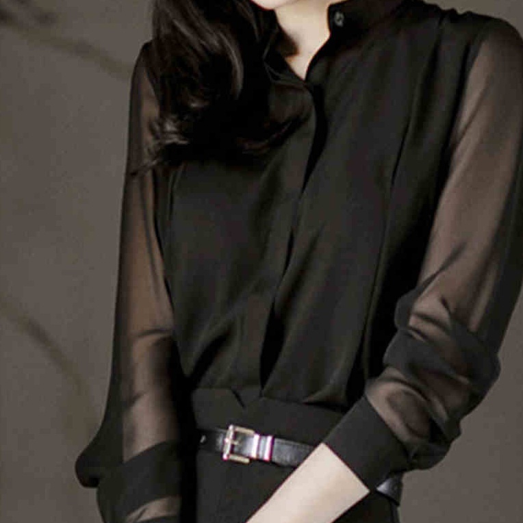 Áo Sơ Mi Voan Mỏng Xuyên Thấu Cổ Đứng Tay Dài Phiên Bản Hàn Quốc Gợi Cảm Cho Nữ Size S-xxl