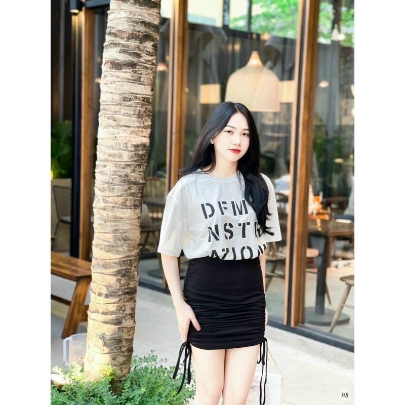 Sét áo phông chữ kèm chân váy body rút dây hai bên Michi,sét đầm nữ
