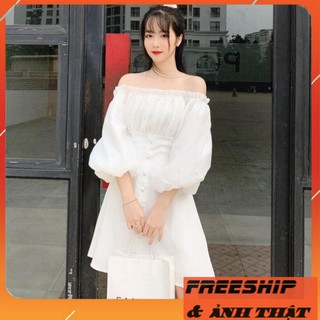 Đầm Trắng Trễ Vai Tay Bồng V100, Đầm Kỉ Yếu Bánh Bèo Đi Tiệc Siêu Xinh Ảnh Thật Lekemqc ❤️