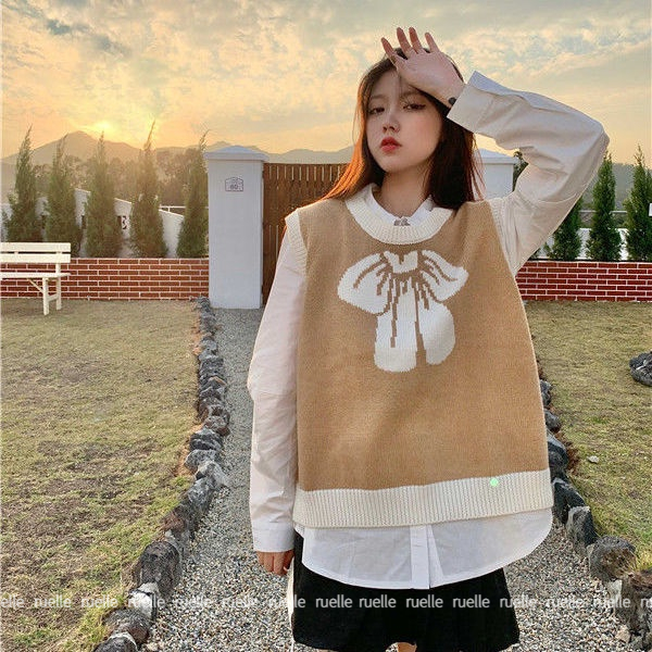 Set Áo Sơ Mi Tay Dài Và Áo Len Không Tay Cổ Chữ V Form Rộng Màu Sắc Thời Trang Hàn Quốc Cho Nữ