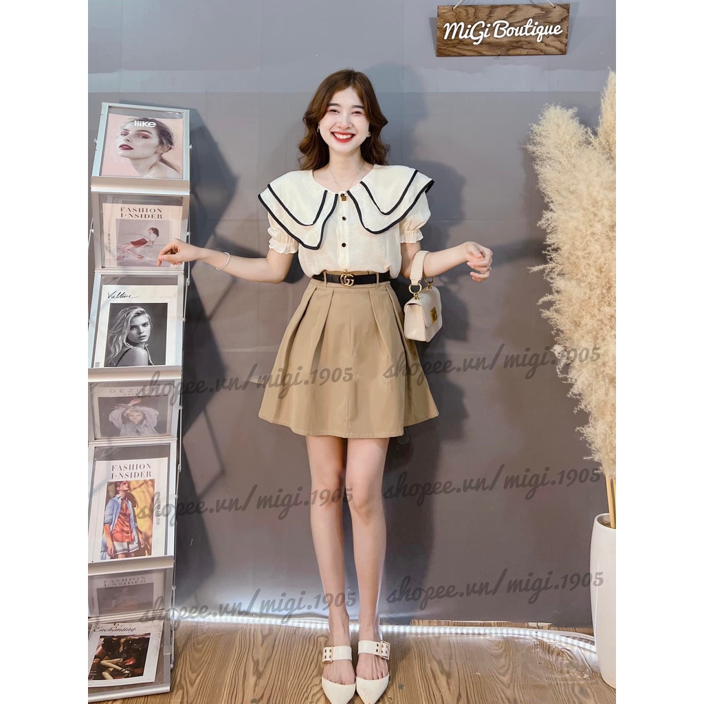 Set Thuỷ Thủ Kem Viền Đen Tầng Mix Chân Váy Xoè Kèm Đai, Áo Sơ Mi Cổ Bèo Mix Chân Váy Xếp Ly Kèm Thắt Lưng