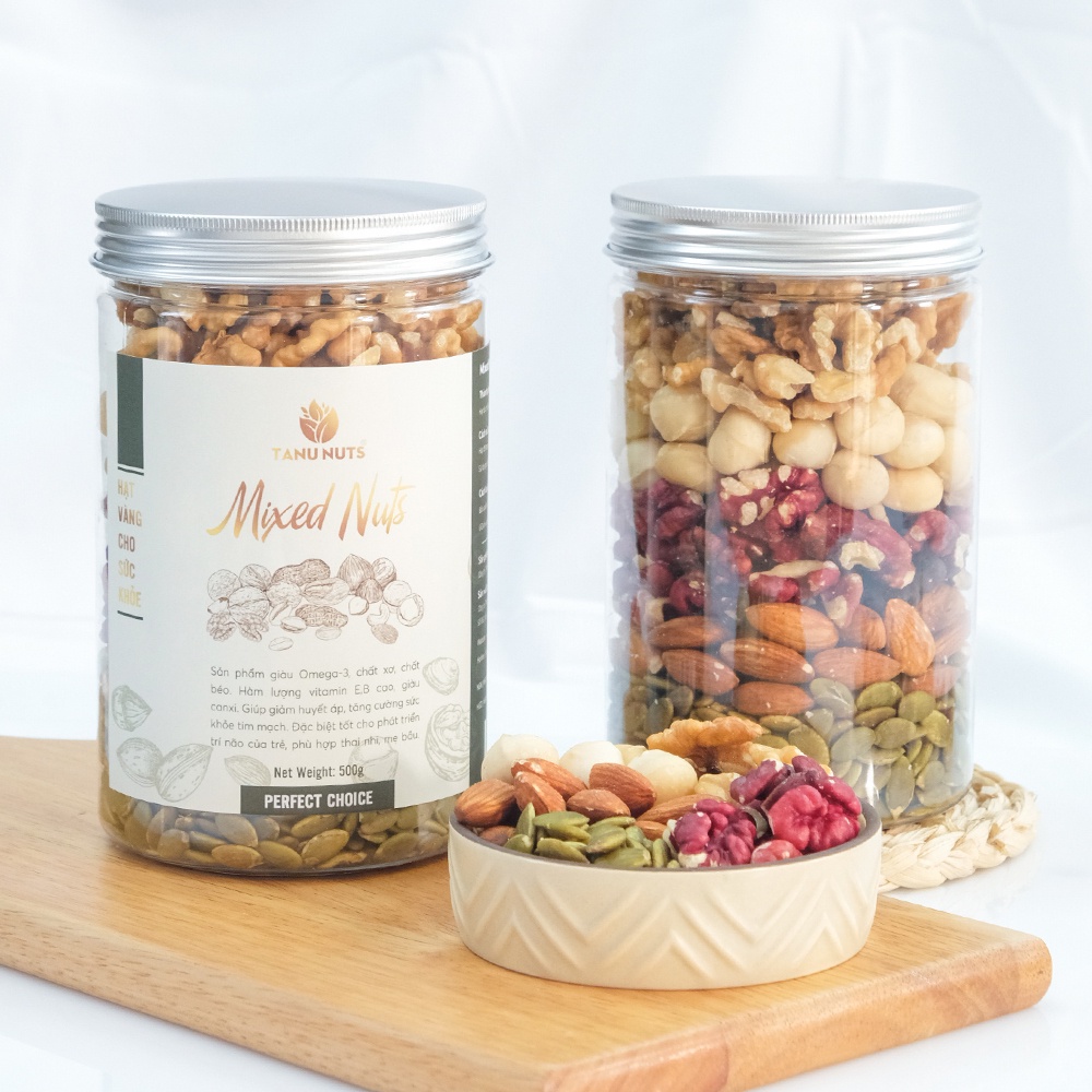 Hạt mix dinh dưỡng TANU NUTS, ngũ cốc granola mix 5 hạt dinh dưỡng tốt cho bà bầu,bé hũ 500g.