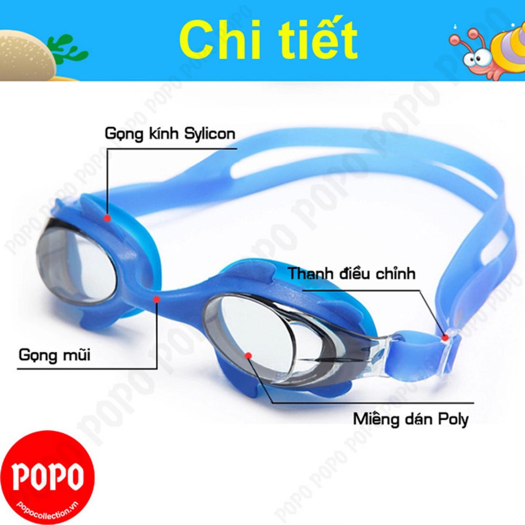 Kính bơi trẻ em, cho bé POPO 1580 mắt kính trong chống tia UV, chống sương mờ, dây đeo silicon điều chỉnh vừa mọi cỡ đầu