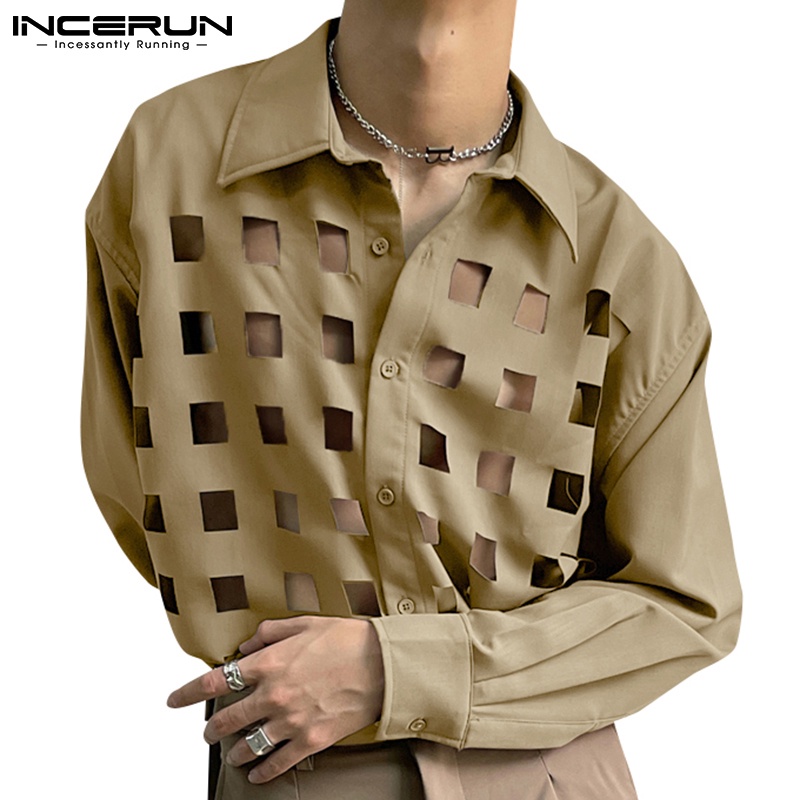 Áo sơ mi INCERUN tay dài cổ bẻ khoét lỗ 2 màu sắc tùy chọn thời trang dành cho nam