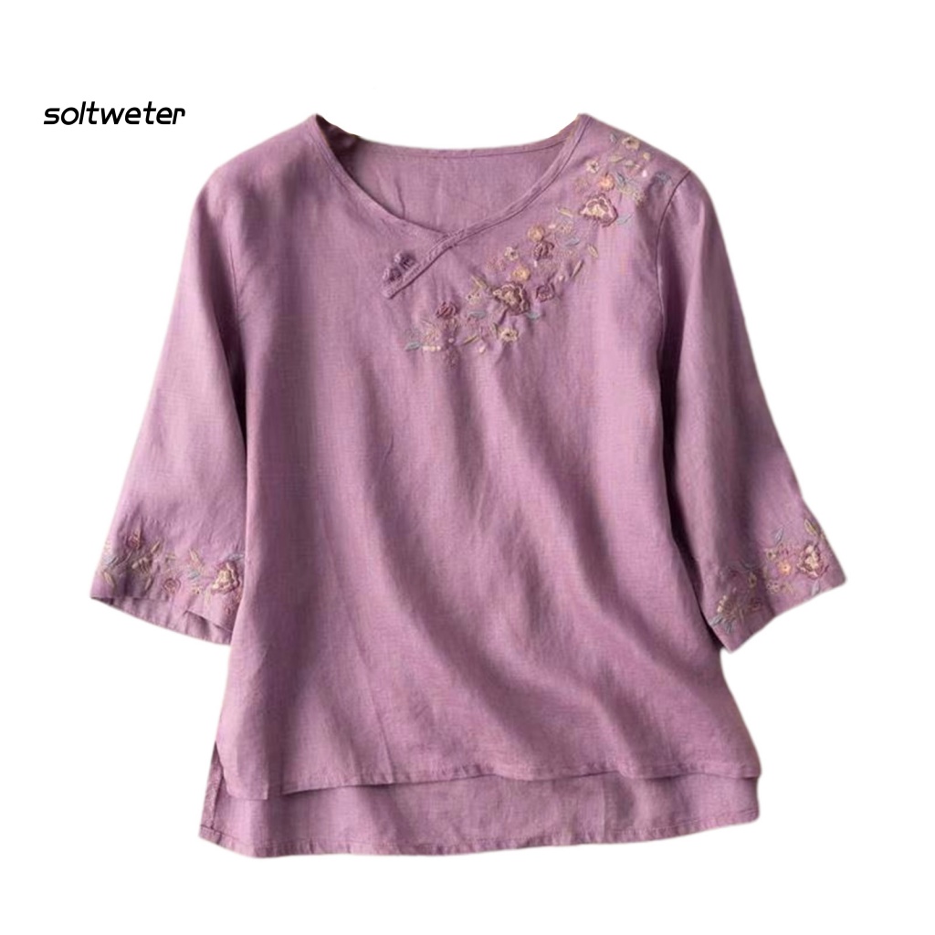 Áo Thun Cotton Lanh Tay 3 / 4 Xẻ Tà Thêu Họa Tiết Hoa Phong Cách Vintage Cho Nữ