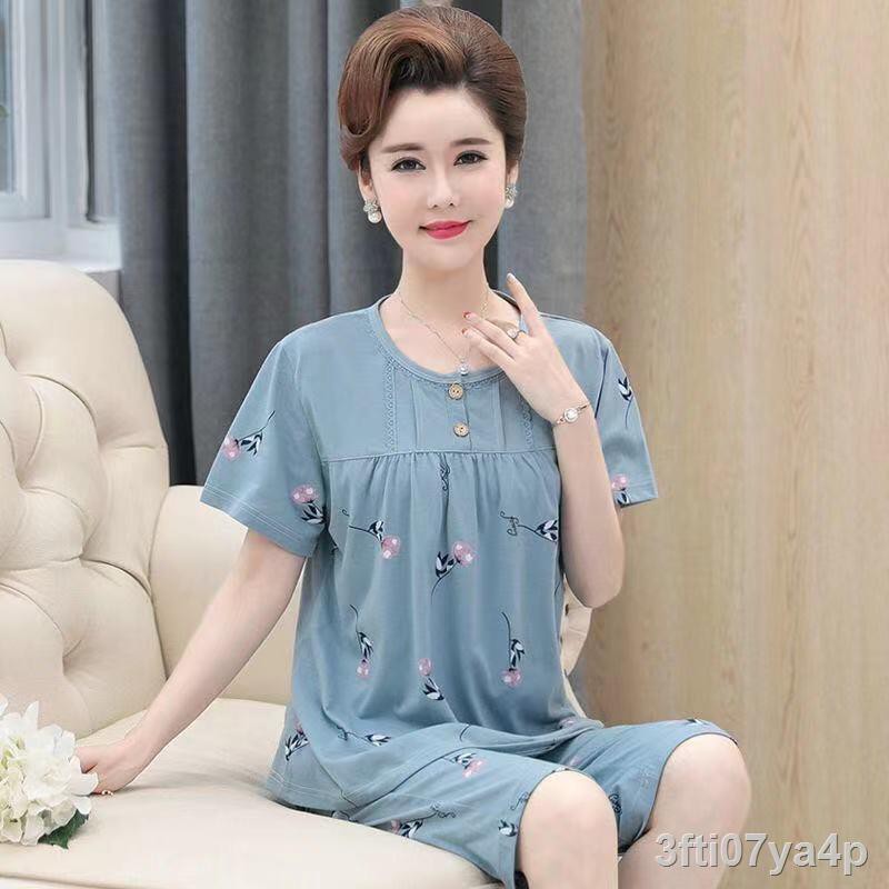 Bộ đồ ngủ dành cho bà mẹ trung niên và cao tuổi, quần tây nữ ngắn tay bằng vải cotton phù hợp với người béo cộng