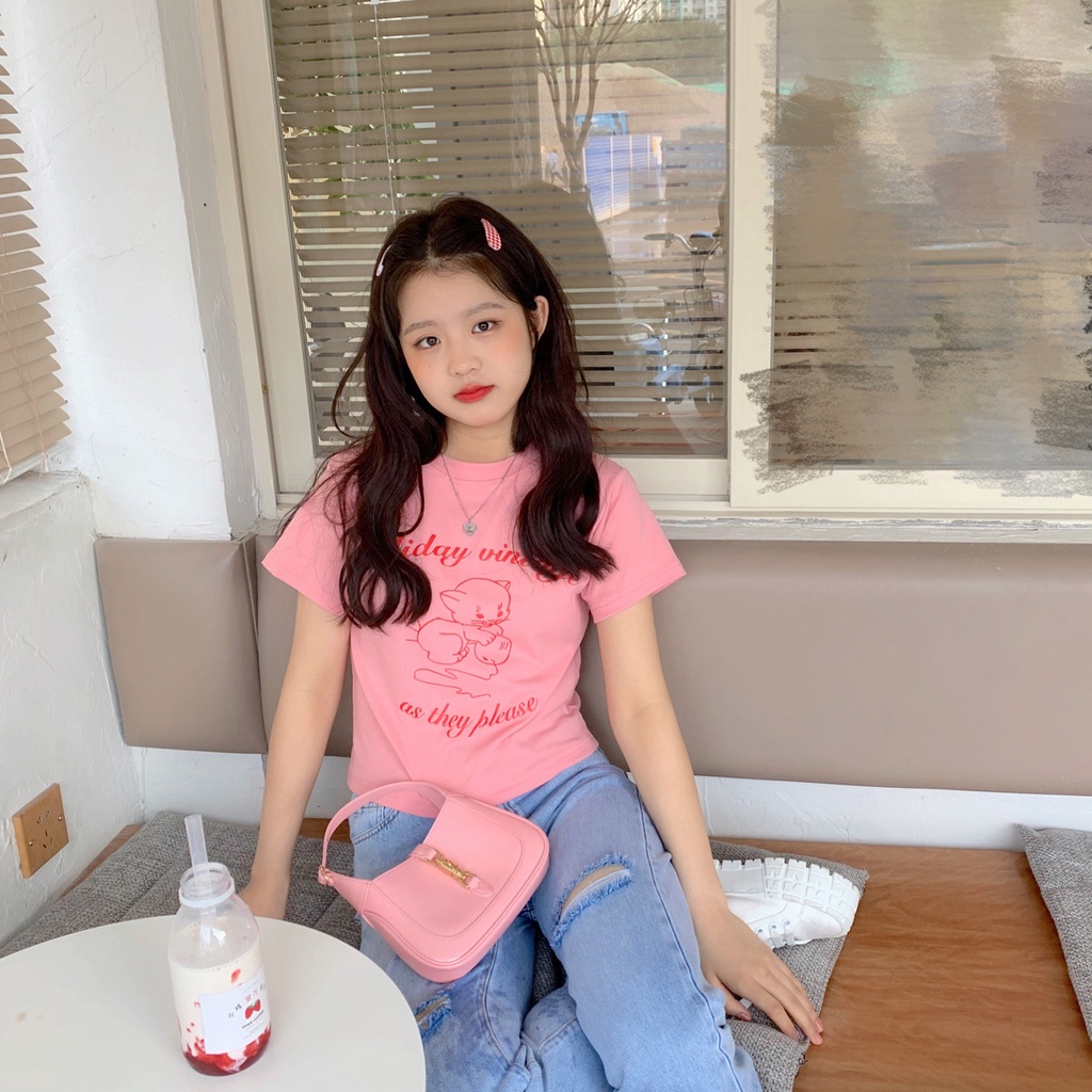 Áo Thun Croptop Tay Ngắn In Họa Tiết Phong Cách Hàn Quốc Dễ Phối Đồ Thời Trang Cho Nữ