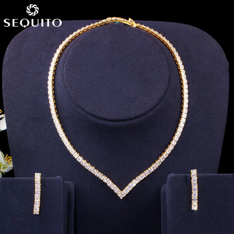 Sequito set 2 Vòng cổ Khuyên Tai cz Pha Lê Hình Vuông Mạ Vàng Lấp Lánh Sang Trọng Cho Cô Dâu Tiệc Cưới js138