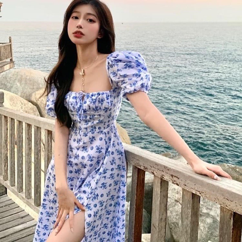 Đầm maxi xẻ hoa xanh dài đi biển | BigBuy360 - bigbuy360.vn