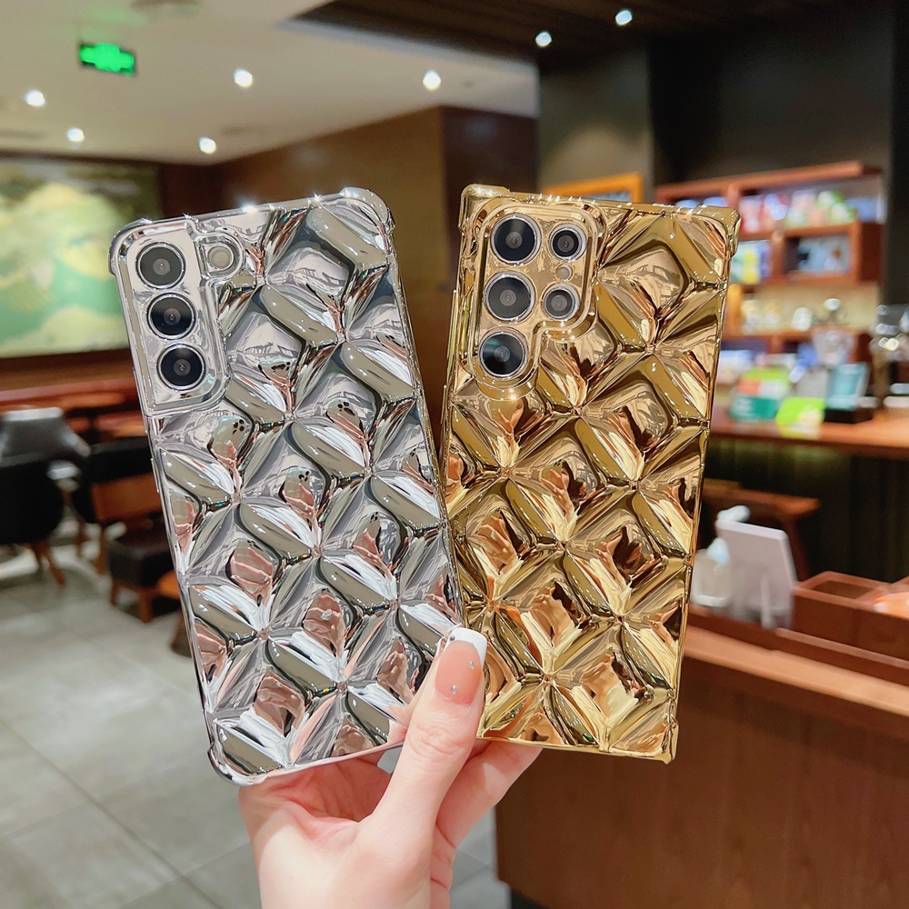 Ốp Điện Thoại Silicon Mềm Họa Tiết Kẻ Lưới Hình Thoi 3D Mạ Bạc Sang Trọng Cho Samsung Galaxy S22 Ultra S22+ S22 S21 Ultra
