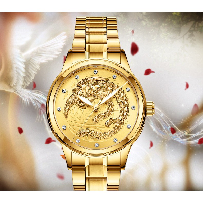 Đồng hồ cặp nam nữ dây thép thương hiệu FNGEEN Mặt Rồng Vàng (Dây Vàng, Mặt Vàng)