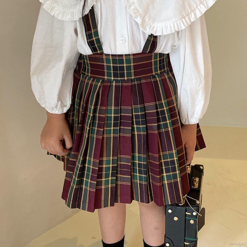 Bộ áo sơ mi cổ bẻ tay dài + chân váy yếm kẻ sọc caro dễ thương cho bé gái 3-8 tuổi